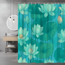 Waterproof Floral Shower Curtain with Green Lotus Design — custom printed polyester bath curtain
