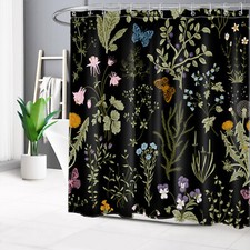 Green Leaf Butterfly Pink Wildflower Black Shower Curtain Set for Bathroom Decor — custom printed polyester bath curtain
