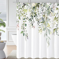 Gibelle Sage Green Eucalyptus Shower Curtain, Watercolor Plant Leaves with Flora — custom printed polyester bath curtain