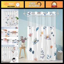 Watercolor Blue Beige Floral Shower Curtain & Liner Set, 71x74 Inches, Modern Ba — custom printed polyester bath curtain