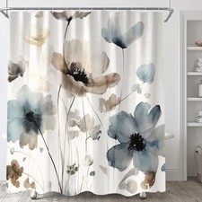 Boho Floral Shower Curtain, Cream Tan Beige Blue Grey White Watercolor Flower — custom printed polyester bath curtain
