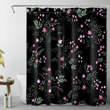 Summer Green Leaf Pink Wildflower Black Shower Curtain Bathroom Accessories Set — custom printed polyester bath curtain