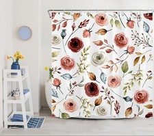 Rustic Vintage Green Leaf Pink Rose Floral Shower Curtain Set for Bathroom Decor — custom printed polyester bath curtain