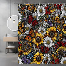 Butterfly Floral Shower Curtain Sunflower Daisy Print — custom printed polyester bath curtain