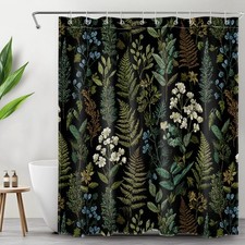 Green Botanical Leaf White Floral Black Shower Curtain Set for Bathroom Decor — custom printed polyester bath curtain