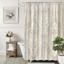 Elegant Luxury Damask Print Shower Curtain Waterproof Beige Gold Bathroom — custom printed polyester bath curtain