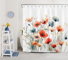 Farmhouse Blue Leaf Orange Wildflower Shower Curtain Set for Bathroom Decor — custom printed polyester bath curtain