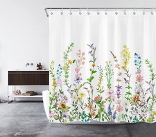 Botanical Colorful Floral Flowers White Shower Curtain Bathroom Accessories Set — custom printed polyester bath curtain