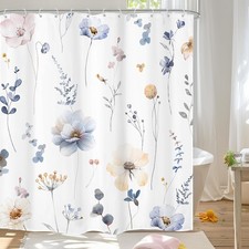 Watercolor Floral Shower Curtain Blue Beige Flower Spring Fabric Bath 72x72 In — custom printed polyester bath curtain