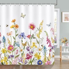 Spring Floral Shower Curtain, Yellow Flower Plant Butterfly Wildflower — custom printed polyester bath curtain