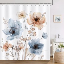 Watercolor Floral Shower Curtain Blue Tan Modern Minimalist 72x72 Inch — custom printed polyester bath curtain