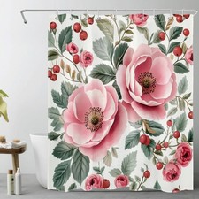 Country Green Leaf Botanical Pink Floral Shower Curtain Set for Bathroom Decor — custom printed polyester bath curtain