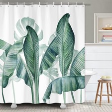 Modern Green Leaf Minimalism Fabric Shower Curtain Extra Long Bathroom — custom printed polyester bath curtain