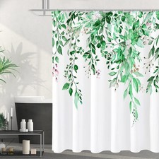 Emerald Green Eucalyptus Shower Curtain Watercolor Plant Leaves Set 72x72 Inch — custom printed polyester bath curtain