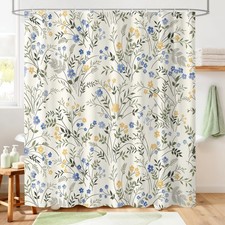 Country Wildflower Cute Shower Curtain,Blue and Yellow Floral Green Leaf Plan... — custom printed polyester bath curtain