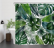 Tropical Monstera Green Palm Leaf Plant Shower Curtain Set for Bathroom Decor — custom printed polyester bath curtain
