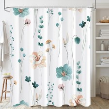 Watercolor Teal Beige Floral Shower Curtain 72x72 Inch Waterproof Fabric — custom printed polyester bath curtain