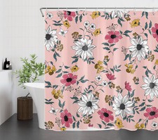 Garden Green Leaves Yellow Floral Pink Shower Curtain Set for Bathroom Decor — custom printed polyester bath curtain