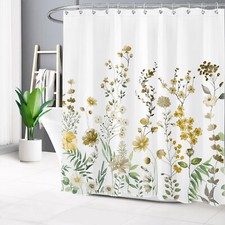 Farmhouse Green Leaf Yellow Wildflower Shower Curtain Set for Bathroom Decor — custom printed polyester bath curtain