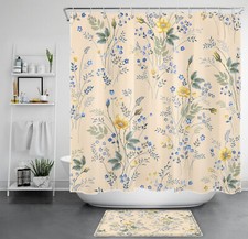 Plant Green Leaf Beige and Blue Wildflower Shower Curtain Set for Bathroom Decor — custom printed polyester bath curtain