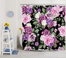 Black Plant Pink Butterfly Purple Floral Shower Curtain Set for Bathroom Decor — custom printed polyester bath curtain