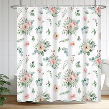 72x72 Inch Pink Floral Green Leaf Watercolor Shower Curtain 12 Hooks — custom printed polyester bath curtain