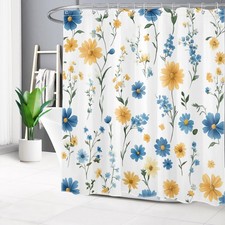 Spring Daisy Flower Yellow Blue Floral Shower Curtain Set for Bathroom Decor — custom printed polyester bath curtain