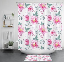 Nature Botanical Green Leaf Pink Floral Shower Curtain Set for Bathroom Decor — custom printed polyester bath curtain