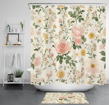 Green Leaf Pink Rose Yellow Wildflower Shower Curtain Set for Bathroom Decor — custom printed polyester bath curtain