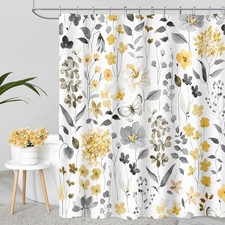 Yellow Cute Floral Botanical Fabric Shower Curtains for Bathroom, 72x72 — custom printed polyester bath curtain