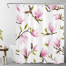 Summer Botanical Green Leaf Pink Floral Shower Curtain Set for Bathroom Decor — custom printed polyester bath curtain