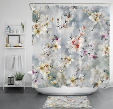 Farmhouse Vintage Plant White Floral Gray Shower Curtain Set for Bathroom Decor — custom printed polyester bath curtain