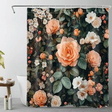 Botanical Green Leaf Orange Floral Black Shower Curtain Bathroom Accessories Set — custom printed polyester bath curtain