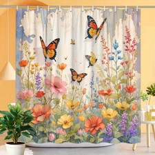 Flower Garden Butterfly Waterproof Shower Curtain Bathroom Decor — custom printed polyester bath curtain