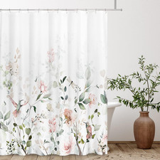 Aesthetic Blooming White Floral Shower Curtain Sets, Watercolor Pink Flowers Bir — custom printed polyester bath curtain