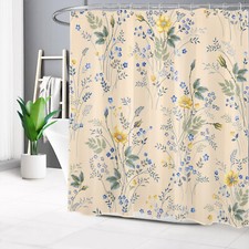 Plant Green Leaf Beige and Blue Wildflower Shower Curtain Set for Bathroom Decor — custom printed polyester bath curtain