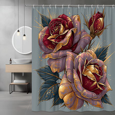 Floral Rose Shower Curtain Burgundy Gold Gray Printed Design — custom printed polyester bath curtain