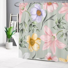 Spring Plant Sage Green Leaf Pink Floral Shower Curtain Set for Bathroom Decor — custom printed polyester bath curtain