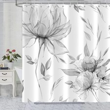 Grey Watercolor Floral Shower Curtain Minimalist Aesthetic 72x72 Inch 12 PCS — custom printed polyester bath curtain