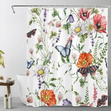 Blue Butterfly Daisy Pink Wildflower Shower Curtain Bathroom Accessories Set — custom printed polyester bath curtain