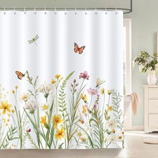 Spring Floral Shower Curtain, Yellow White Wildflower Plant Butterfly Decorat... — custom printed polyester bath curtain