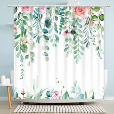 Watercolor Eucalyptus Shower Curtain Green Leaves with Blooming Floral on The... — custom printed polyester bath curtain