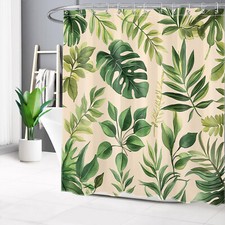 Western Tropical Plant Green Leaf on Beige Shower Curtain Set for Bathroom Decor — custom printed polyester bath curtain