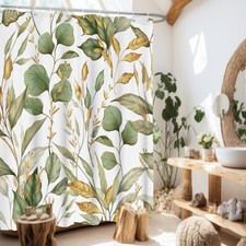 Gold Green Leaves Plant Fabric Shower Curtain Natural Modern Decor 72x72 Inch — custom printed polyester bath curtain