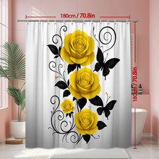 Yellow Rose Shower Curtain with Black Butterflies and Floral Design — custom printed polyester bath curtain