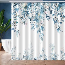 72x72 Blue Eucalyptus Leaves Shower Curtain, Watercolor, Plant, Floral, Hooks — custom printed polyester bath curtain