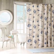 72-in Khaki Beige Cotton Shower Curtain Navy Blue Seashells Coral Coastal Beach — custom printed polyester bath curtain