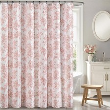 Pink Floral Shower Curtain, Linen Textured Fabric with 12 Rustproof Metal Hoo... — custom printed polyester bath curtain