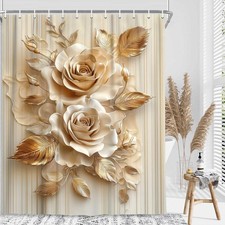Cream White Gold Elegant Floral Chic Fabric Shower Curtain Set 72x72 In — custom printed polyester bath curtain