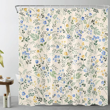 Country Wildflower Shower Curtain Decor,Blue and Yellow Floral Green Leaf Plant — custom printed polyester bath curtain